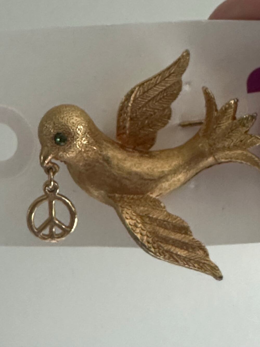 Vintage MYLU Dove Peace Brooch Gold Tone Green Rhinestone Eye Signed Bird Pin